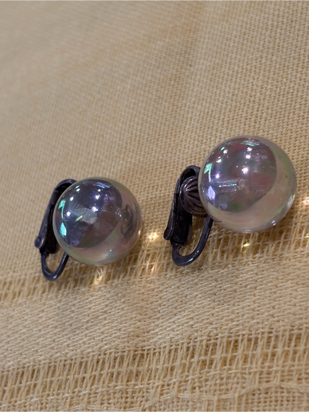 ✨ VINTAGE STERLING SILVER Aurora Borealis Glass Bubble Clip-On Earrings ✨